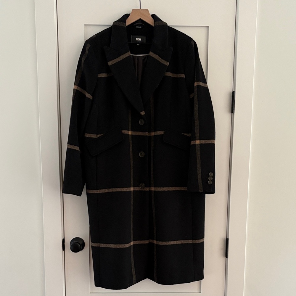 DKNY Black and Brown Plaid Long Sleeve Coat